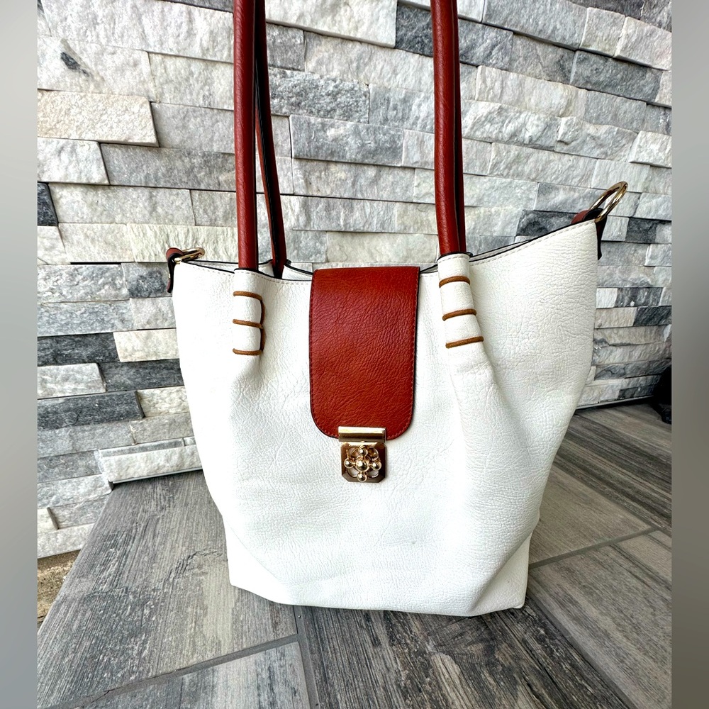 Vegan Leather White Brown Fashion 3pc  Spring Summer Classic Handbag